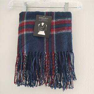 Brand New Hildie & Jo Women's One Size Textured Blanket Scarf Red Blue Fringe